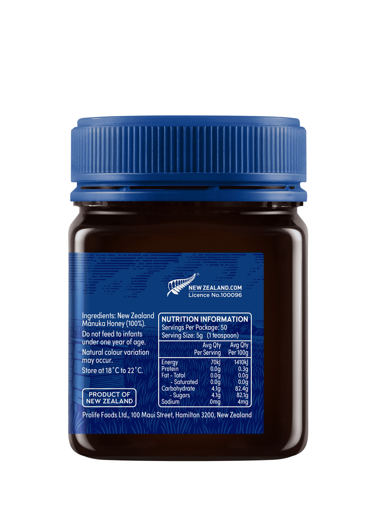 Słoik miodu manuka Haddrell's UMF 16+ 250 g, tył z etykietą