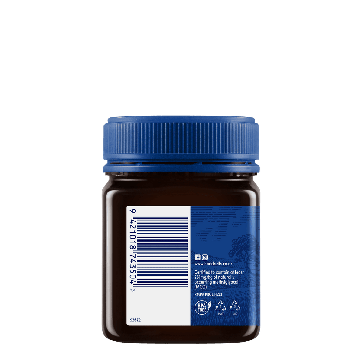 Słoik miodu manuka Haddrell's UMF 10+ 250 g, bok lewy