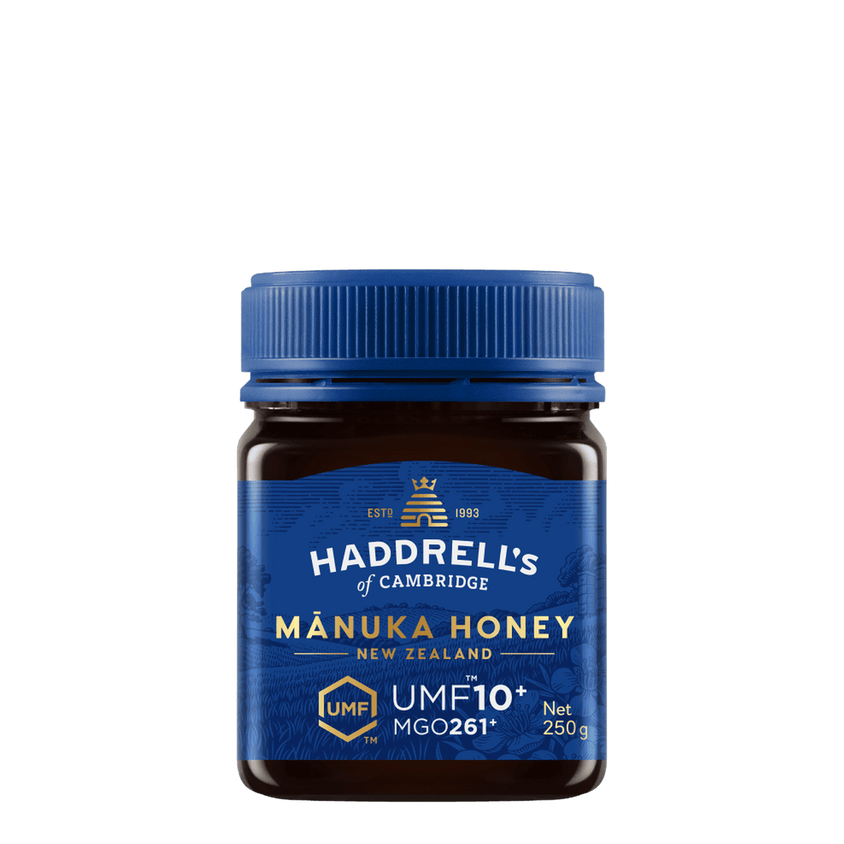 Słoik miodu manuka Haddrell's UMF 10+ 250 g, widok z przodu z etykietą