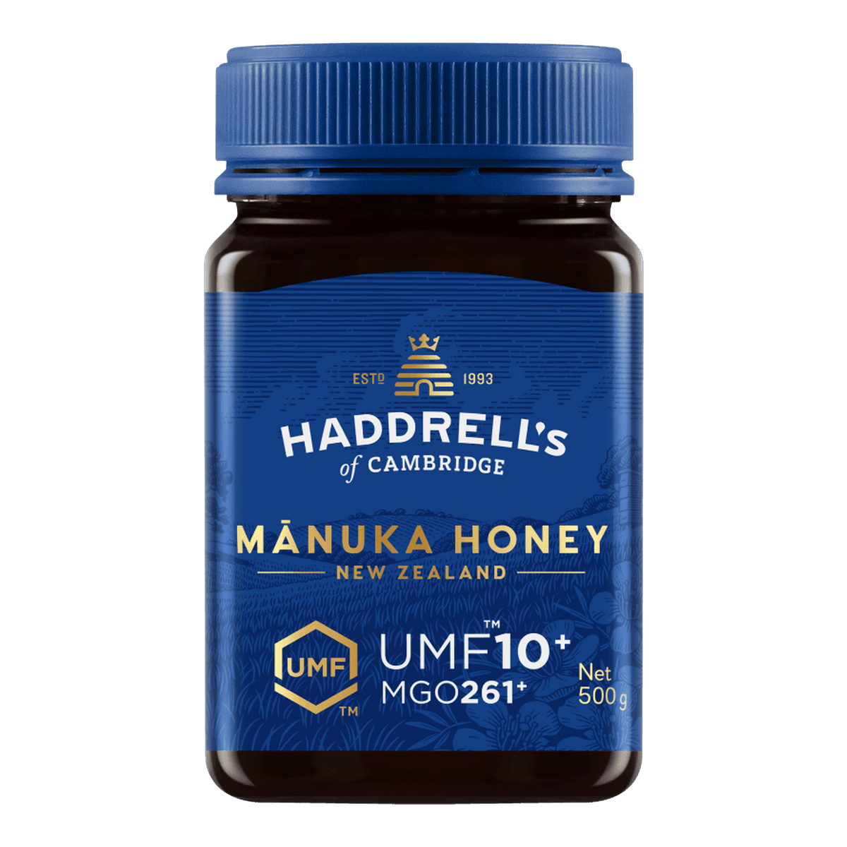 Słoik miodu manuka Haddrell's UMF 10+ 500 g, widok z przodu z etykietą