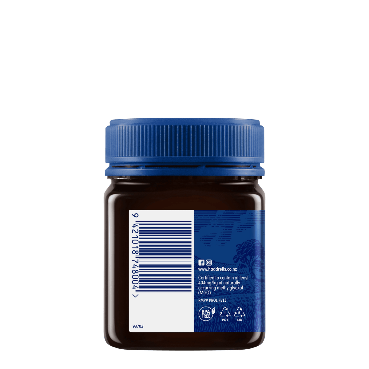 Słoik miodu manuka Haddrell's UMF 13+ 250 g, bok lewy