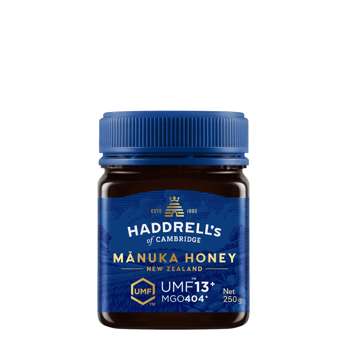 Słoik miodu manuka Haddrell's UMF 13+ 250 g, widok z przodu z etykietą