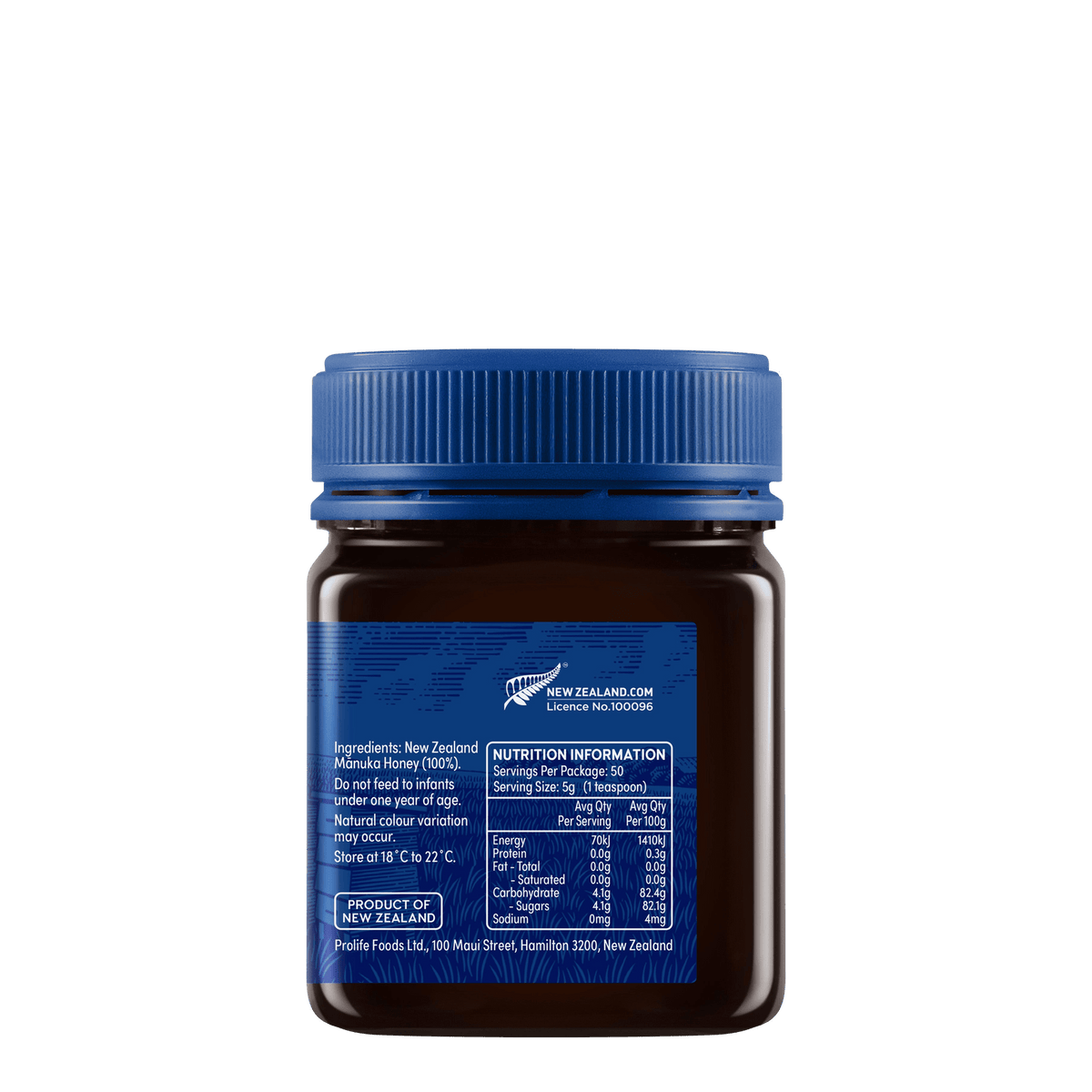 Słoik miodu manuka Haddrell's UMF 13+ 250 g, tył z etykietą