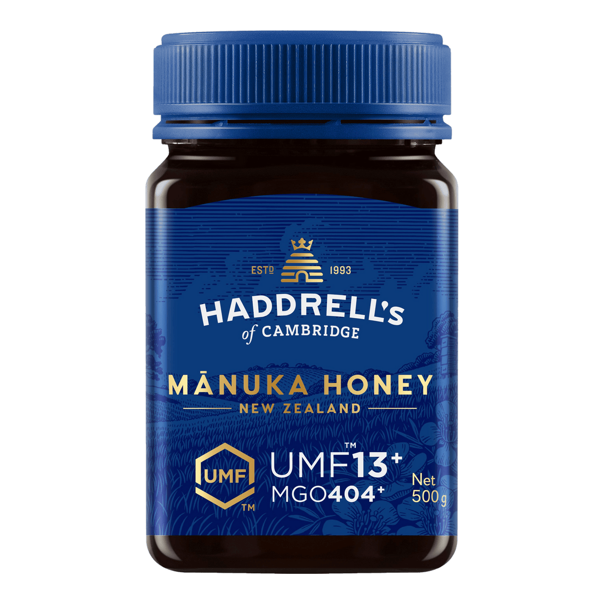 Słoik miodu manuka Haddrell's UMF 13+ 500 g, widok z przodu z etykietą