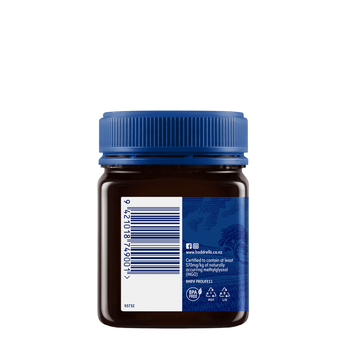 Słoik miodu manuka Haddrell's UMF 16+ 250 g, bok lewy