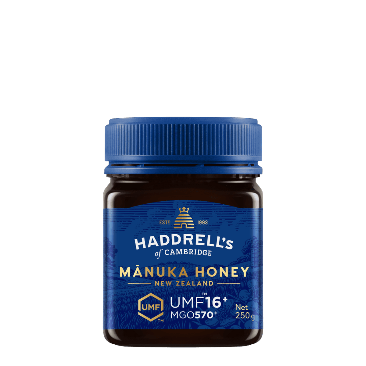 Słoik miodu manuka Haddrell's UMF 16+ 250 g, widok z przodu z etykietą