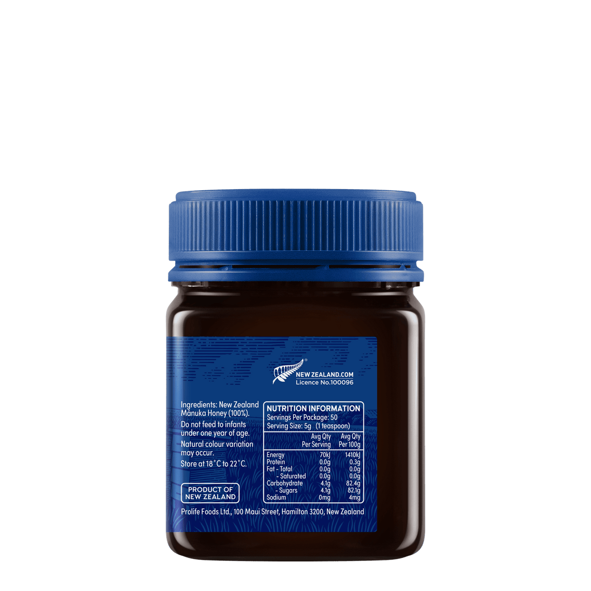 Słoik miodu manuka Haddrell's UMF 16+ 250 g, tył z etykietą