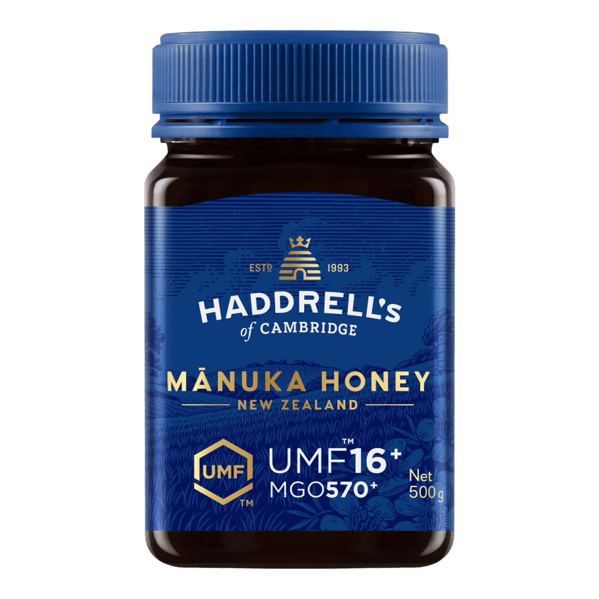 Słoik miodu manuka Haddrell's UMF 16+ 500 g, widok z przodu z etykietą