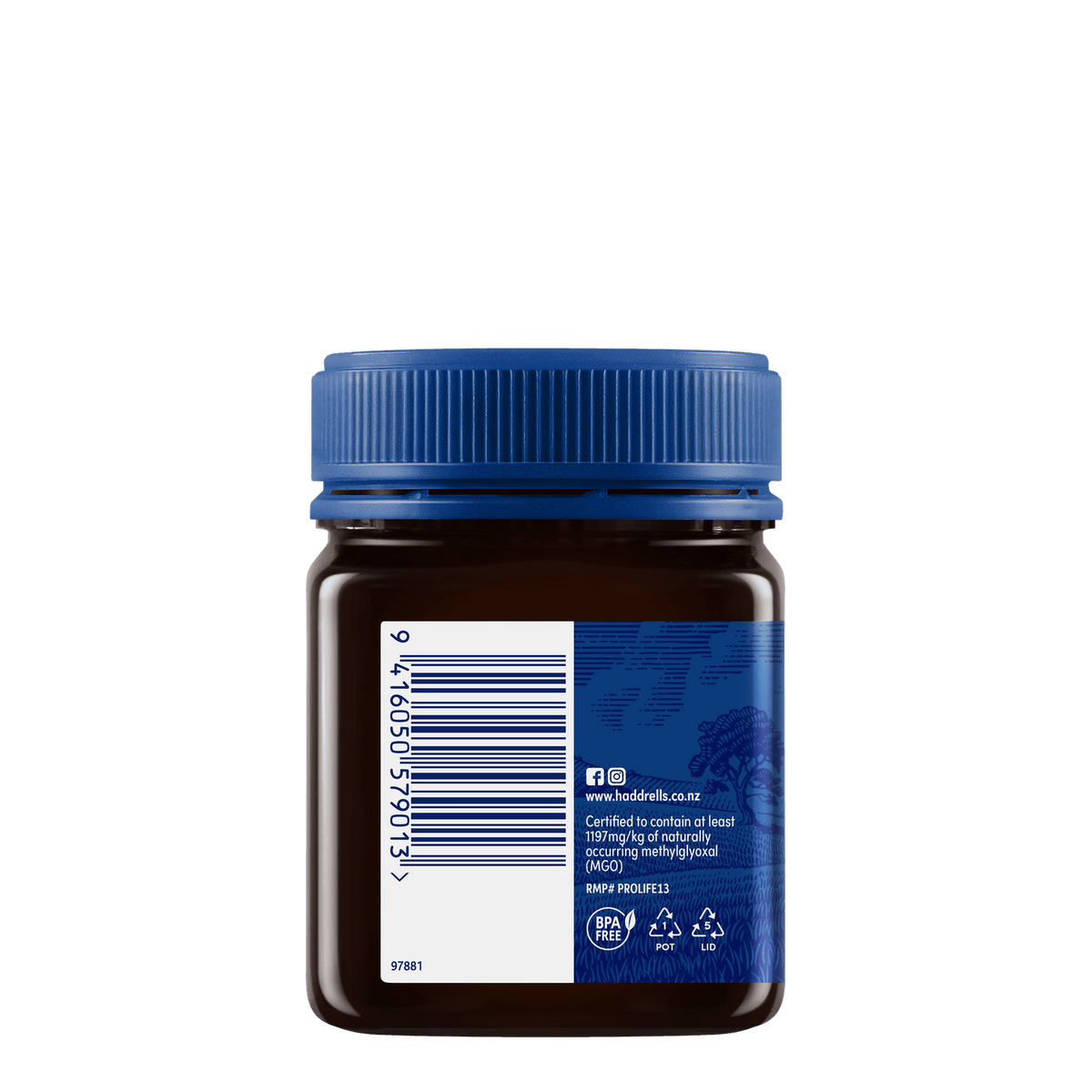 Haddrell's Miód manuka UMF 25+ MGO 1197+ 250g - bok lewy