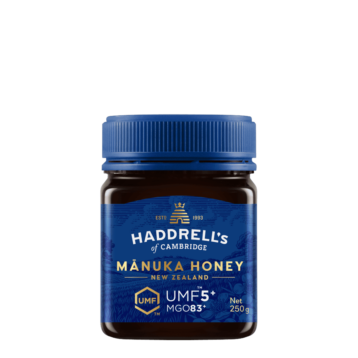 Słoik miodu manuka Haddrell's UMF 5+, widok z przodu z etykietą
