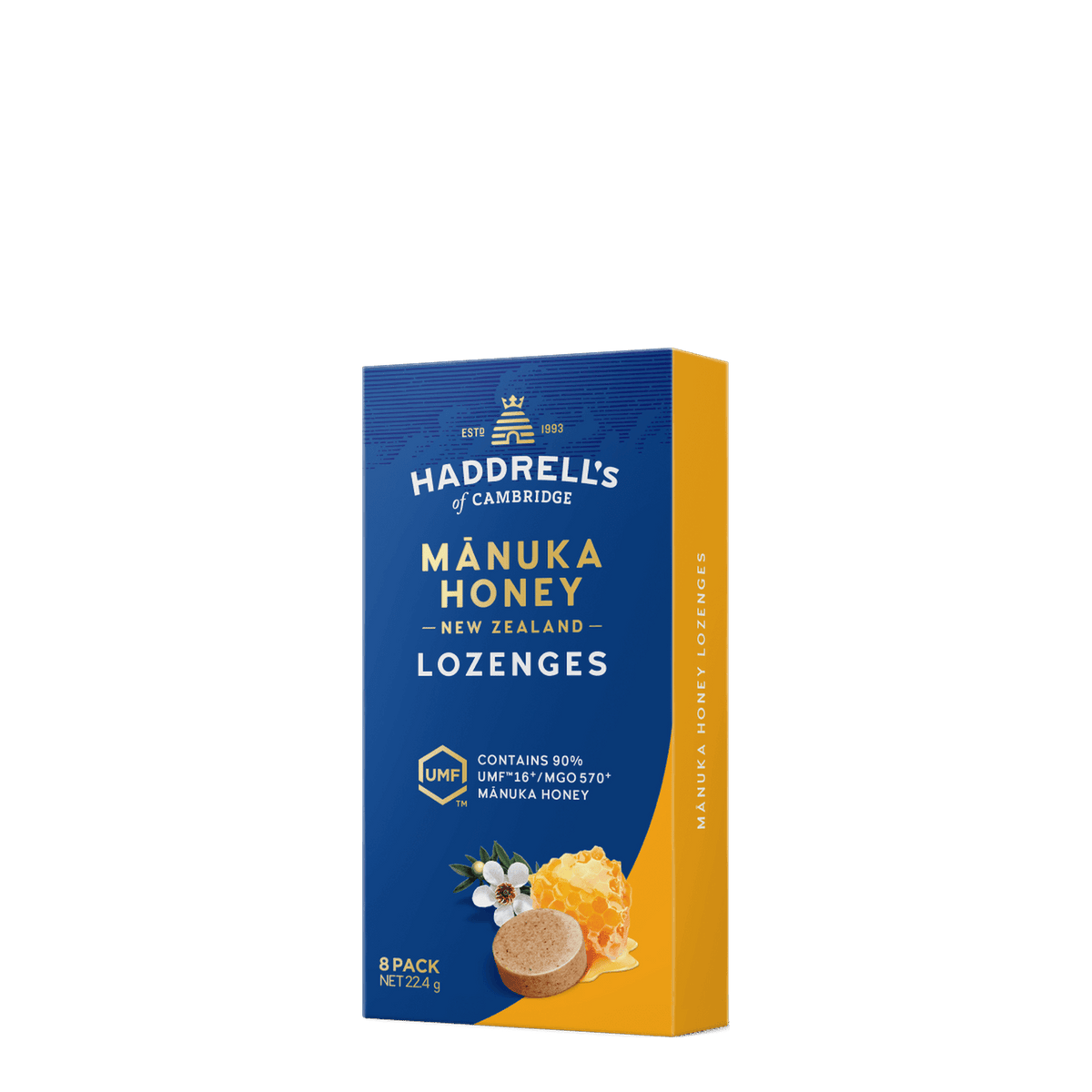 Opakowanie pastylek do ssania z miodem manuka Haddrell's UMF 16+, widok z przodu