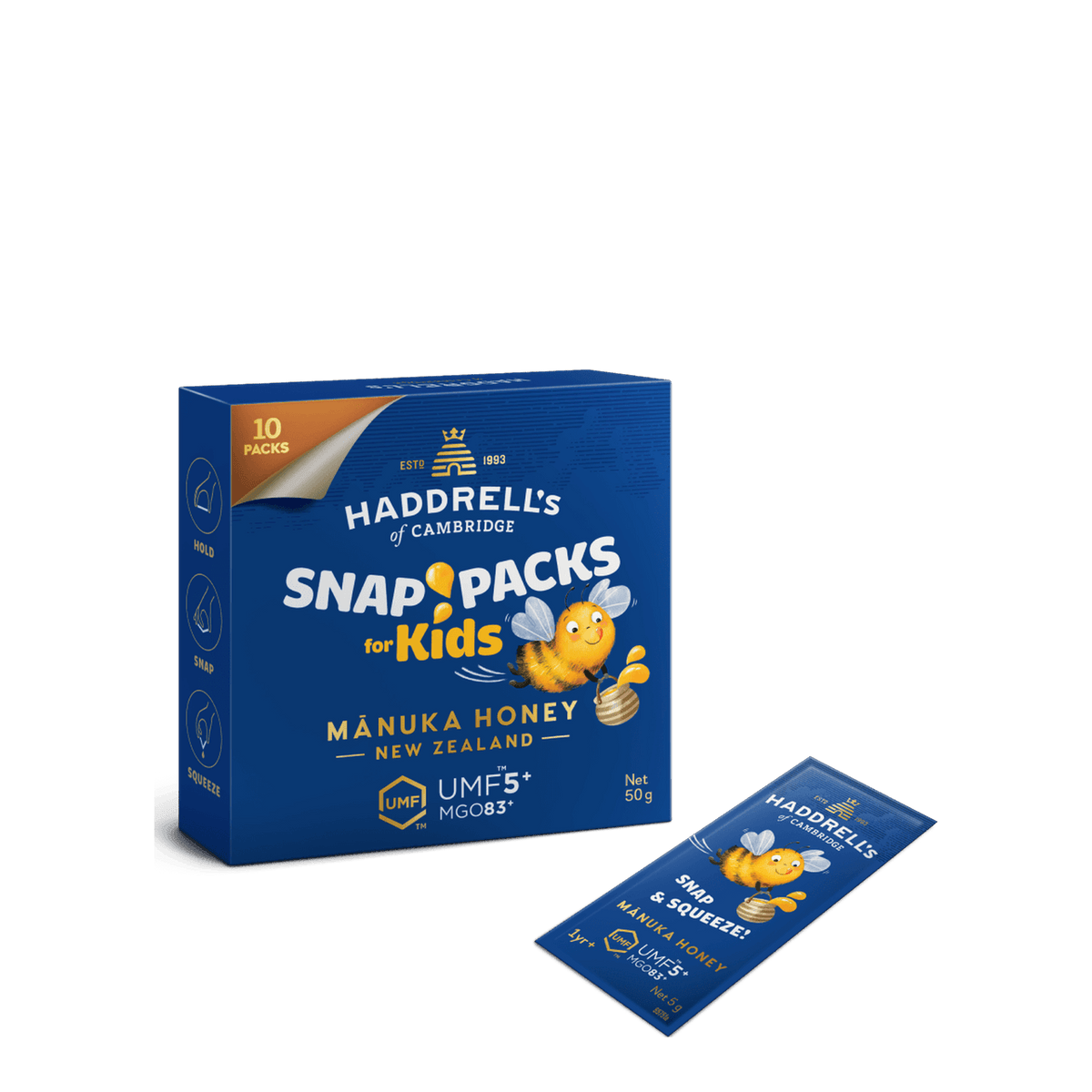 Pudełko Snap Packs for Kids z miodem manuka Haddrell's UMF 5+, widok z przodu
