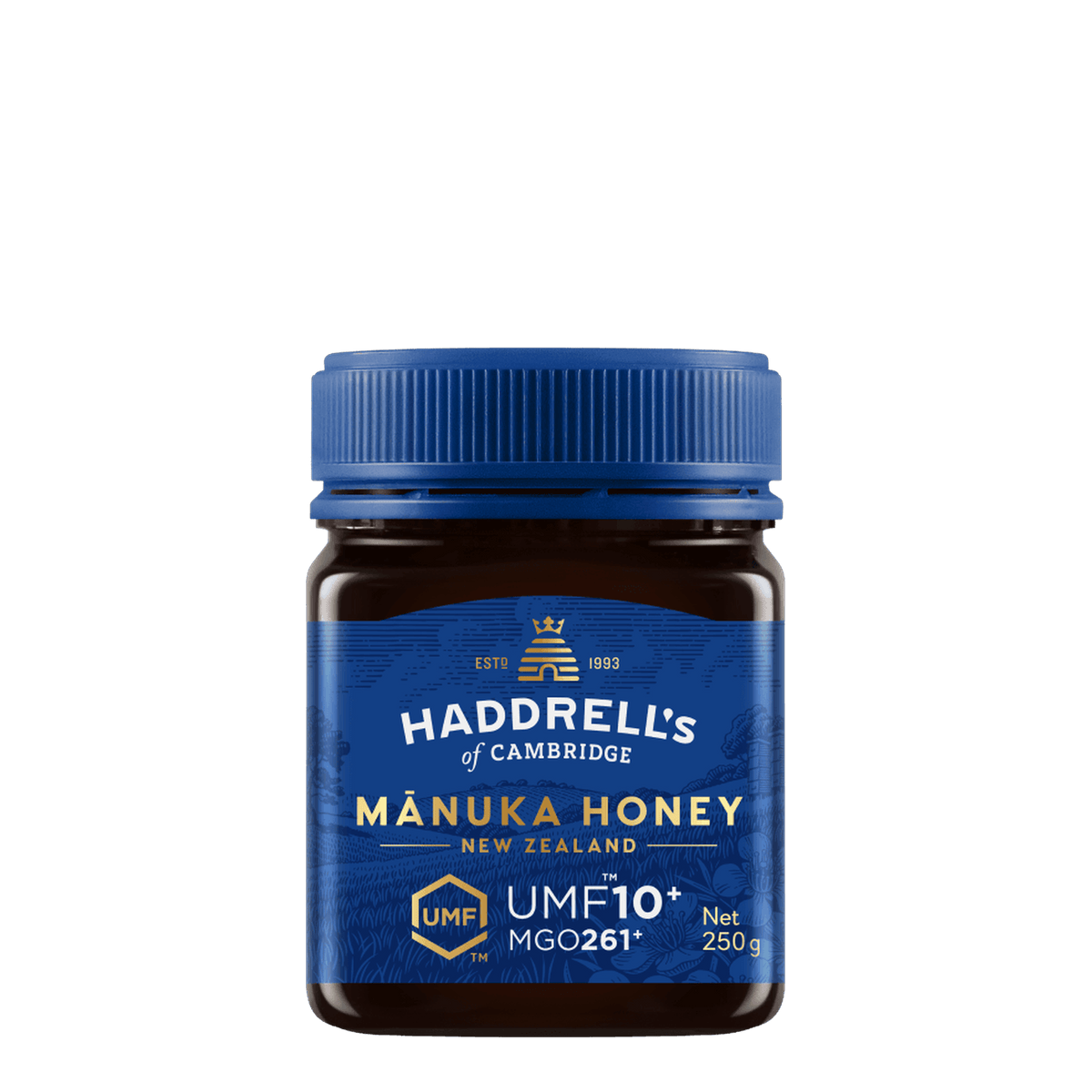 Słoik miodu manuka Haddrell's UMF 10+ 250 g, widok z przodu z etykietą