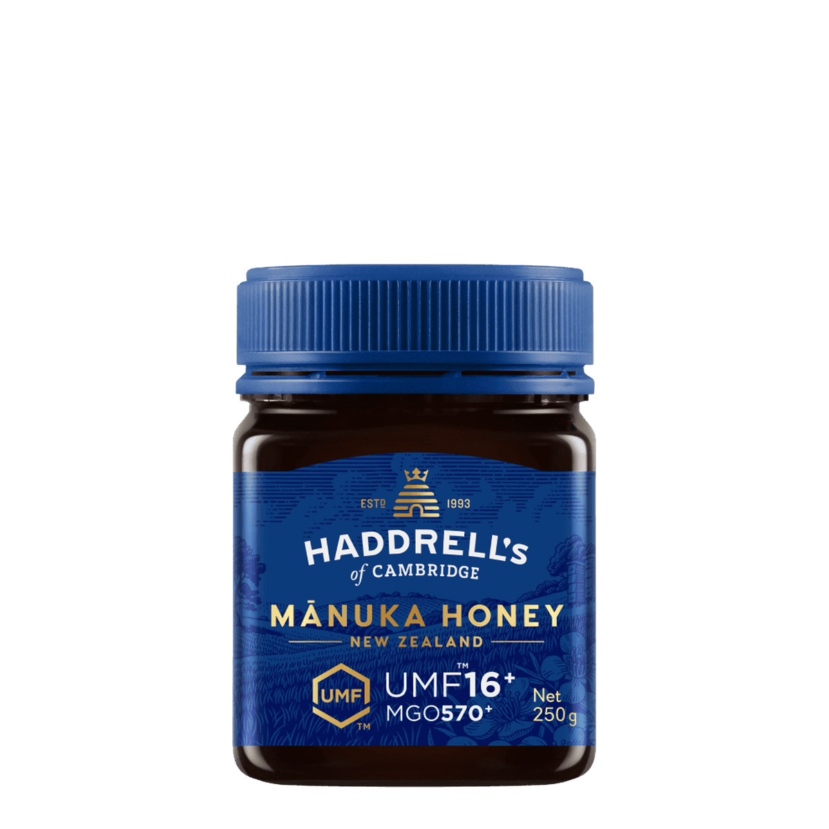 Słoik miodu manuka Haddrell's UMF 16+ 250 g, widok z przodu z etykietą