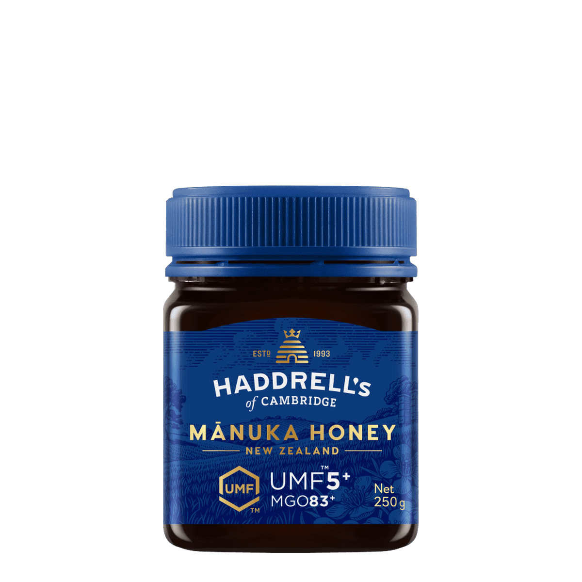 Słoik miodu manuka Haddrell's UMF 5+, widok z przodu z etykietą