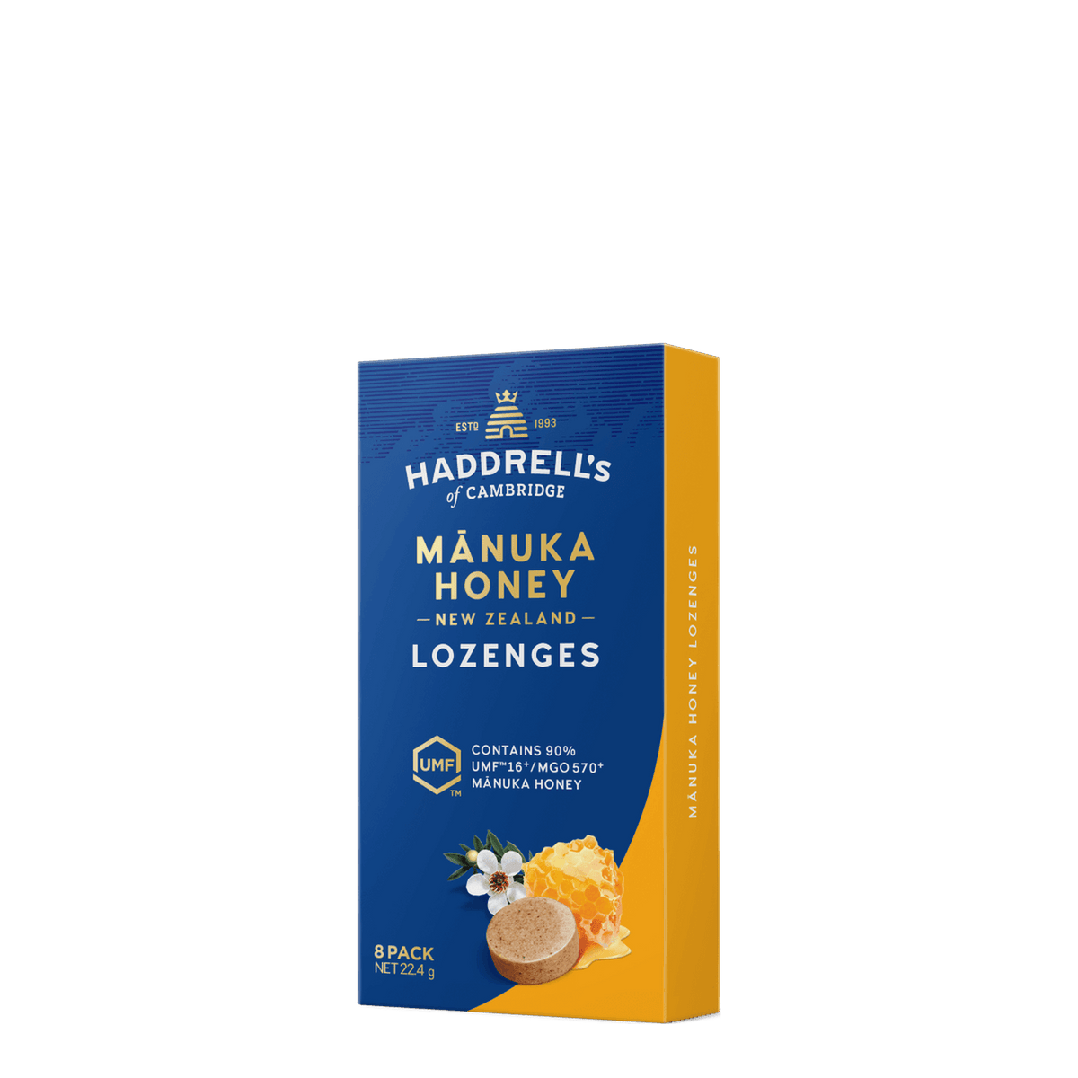 Opakowanie pastylek do ssania z miodem manuka Haddrell's UMF 16+, widok z przodu