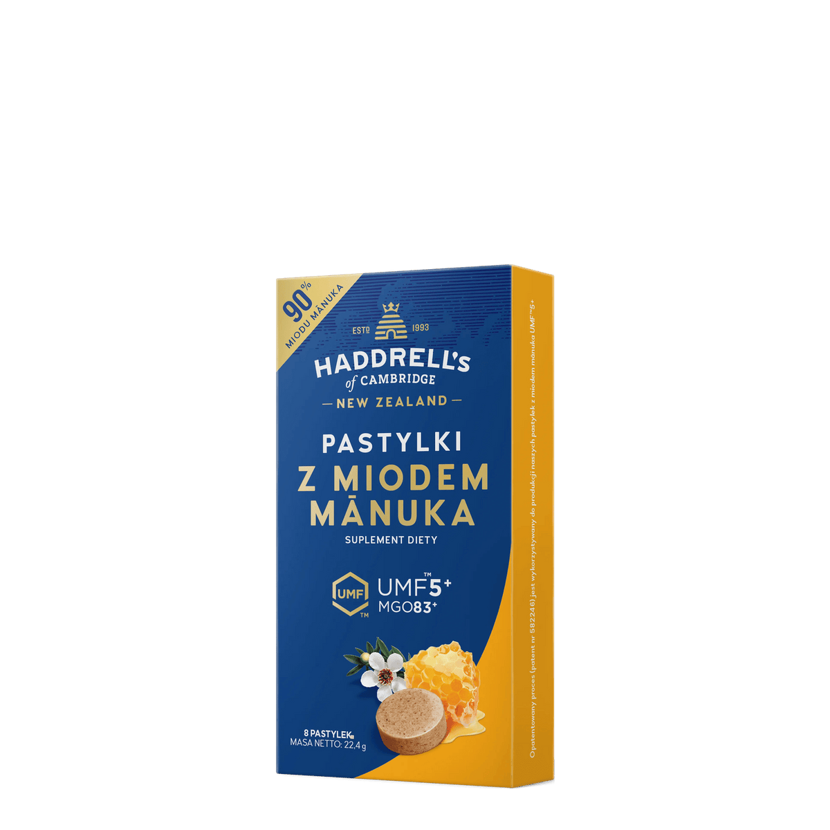 Opakowanie pastylek do ssania z miodem manuka Haddrell's UMF 5+, widok z przodu