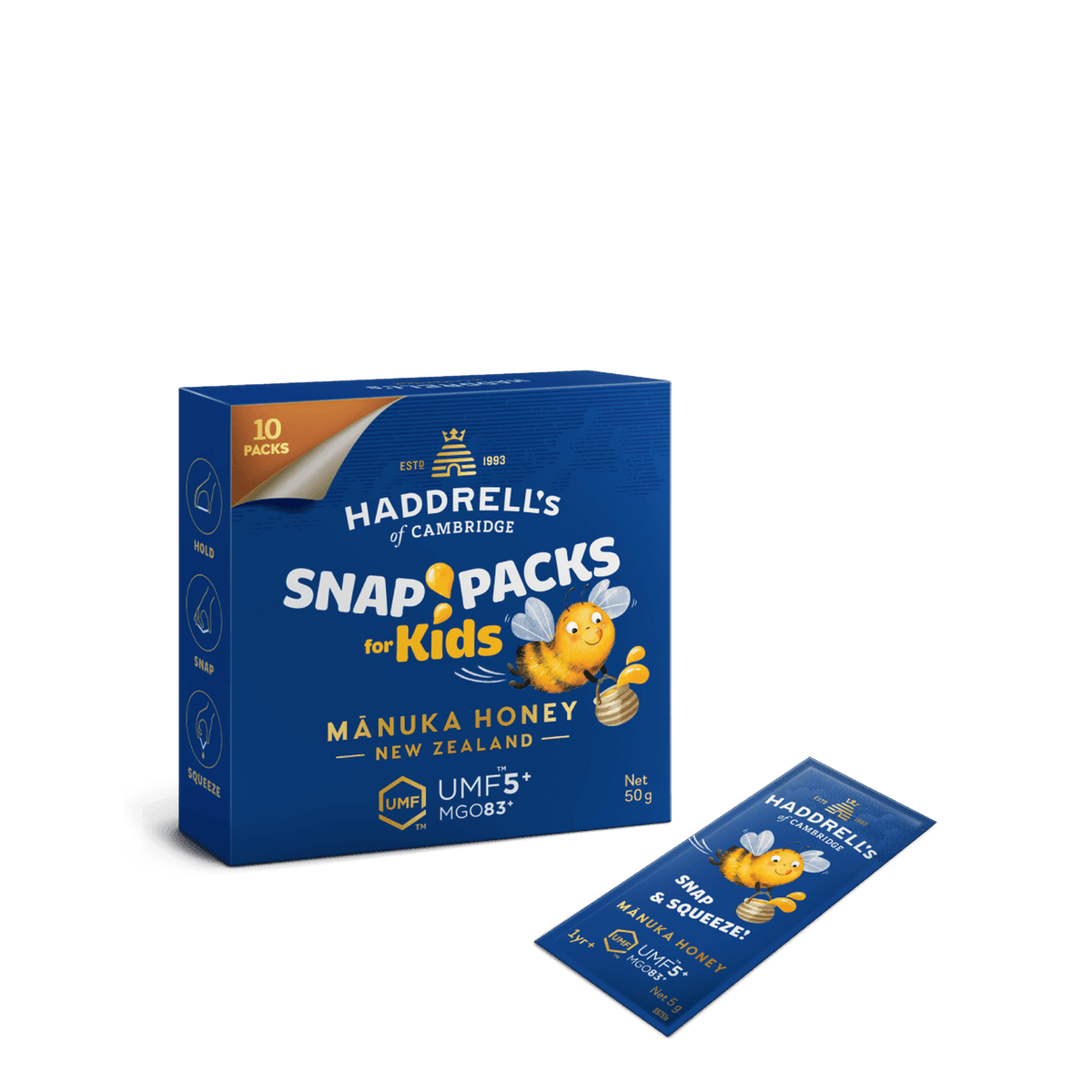 Pudełko Snap Packs for Kids z miodem manuka Haddrell's UMF 5+, widok z przodu